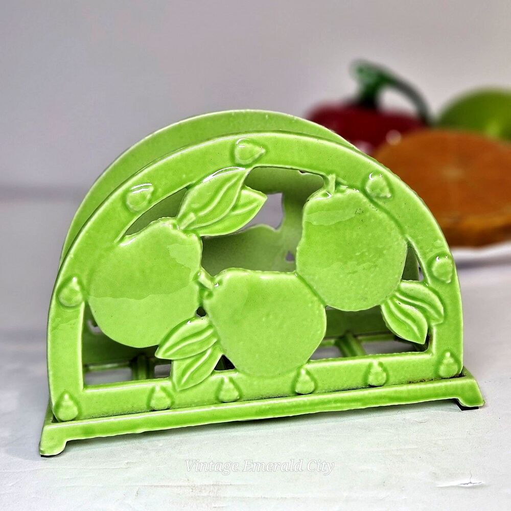 Vtg Green Pears Relief Napkin Holder Metal Tabletop Kitchen Decor  Fruit Design